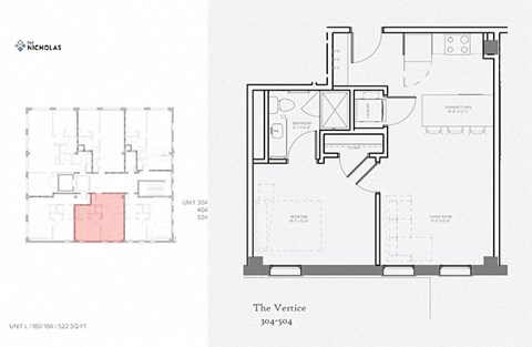 1 bed 1 bath The Vertice floor plan at The Nicholas, St Louis, Missouri